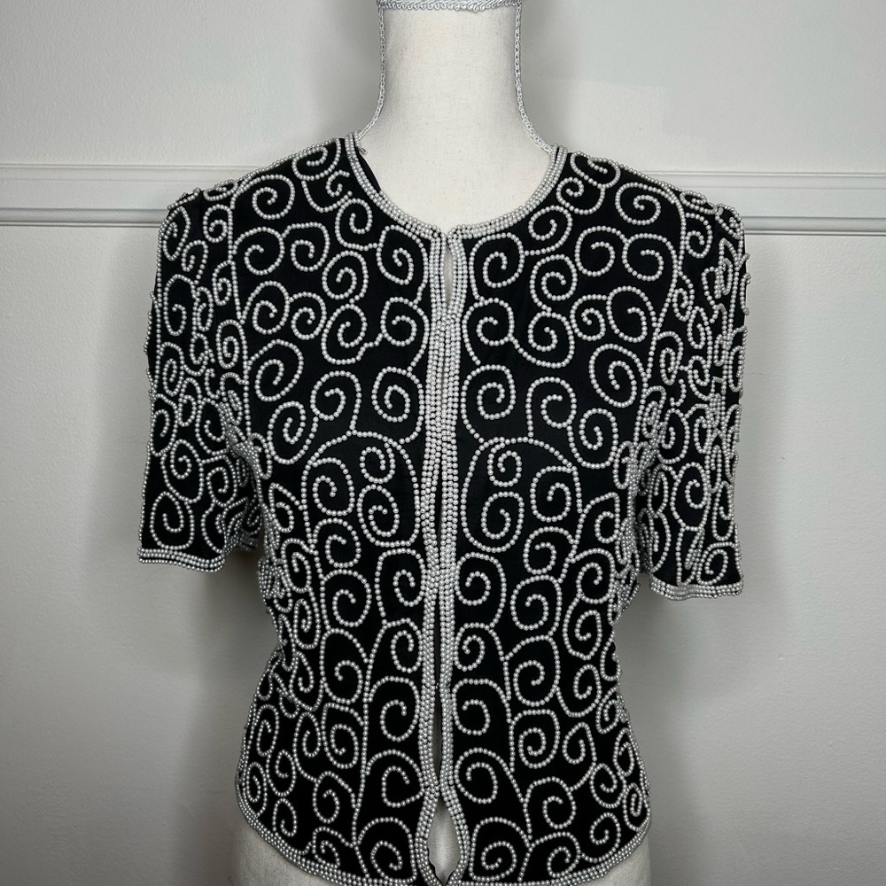 Black and White Swirl Pearl Beaded Top